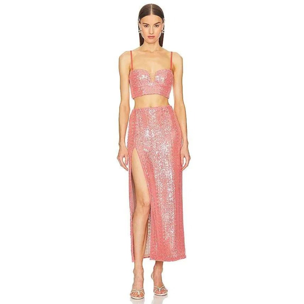 Michael Costello x REVOLVE Catiana Sequin Maxi Skirt Coral Pink High Slit XS New - Picture 12 of 12
